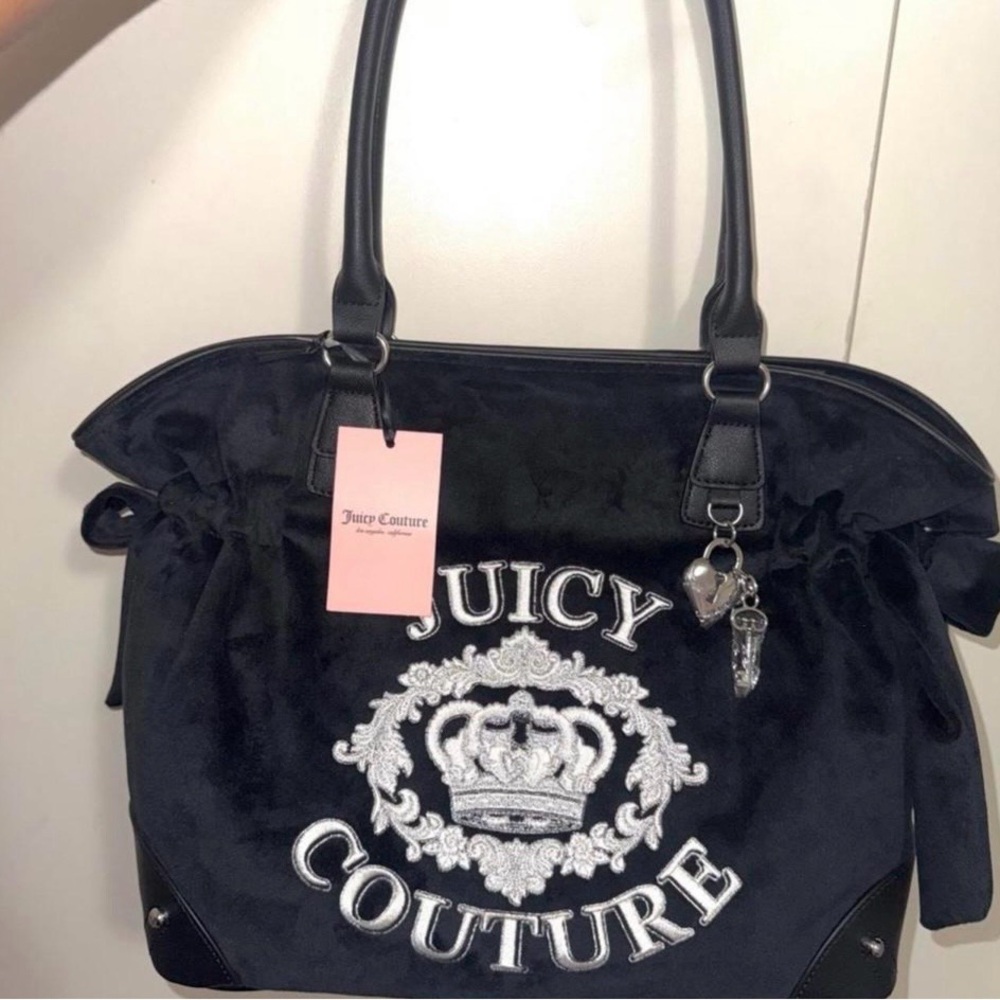 Juicy Couture Black Velour Tote with Signature Crest and Charm